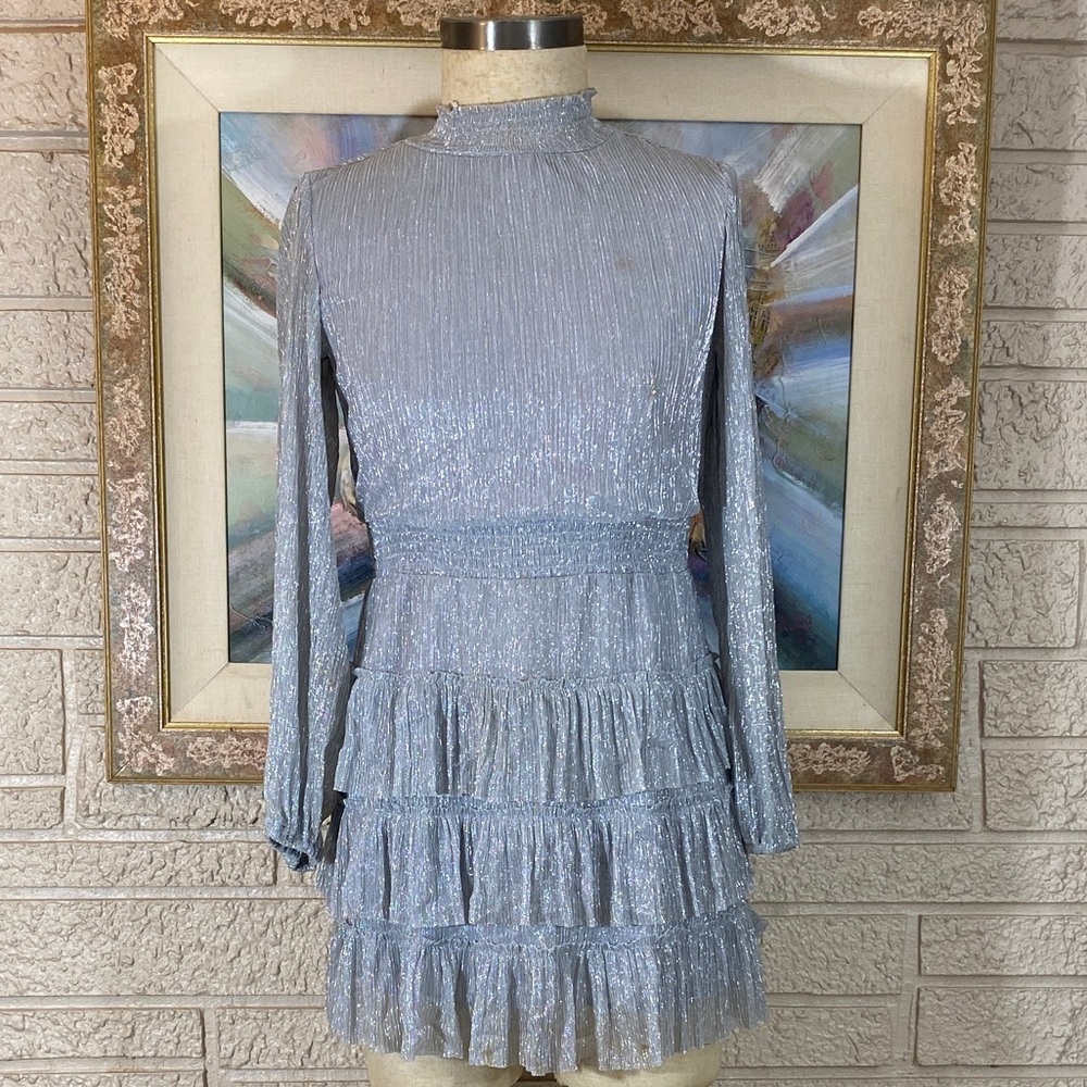 Express Silver Metallic Long-Sleeve Tiered Mini Dress